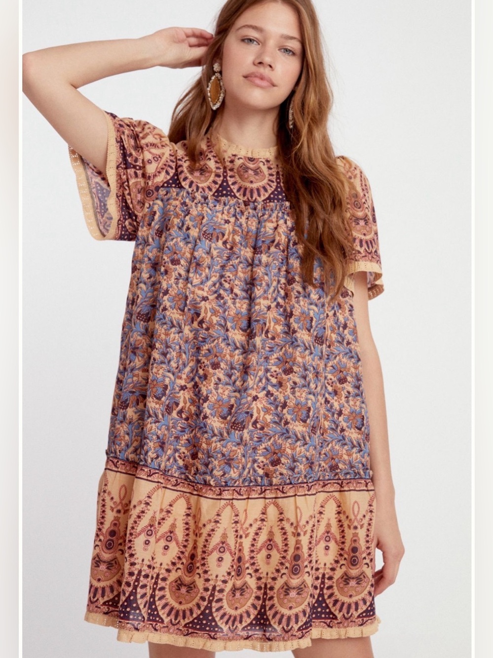 Ophelia anthro Boho Floral Patchwork Short Sleeve Dress in Peach and Blue